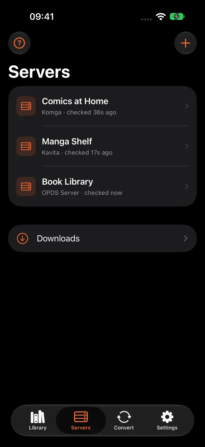 The ComicFlow Servers tab on iPhone listing three servers, Comics at Home on Komga, Manga Shelf on Kavita and Book Library on OPDS, each with when it was last checked, and Downloads below