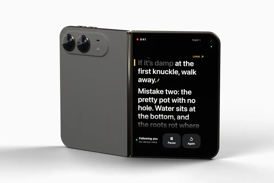 A rendered iPhone Duo standing like a book with its backs towards you, the Fold Cue script on the outer screen beside the rear cameras