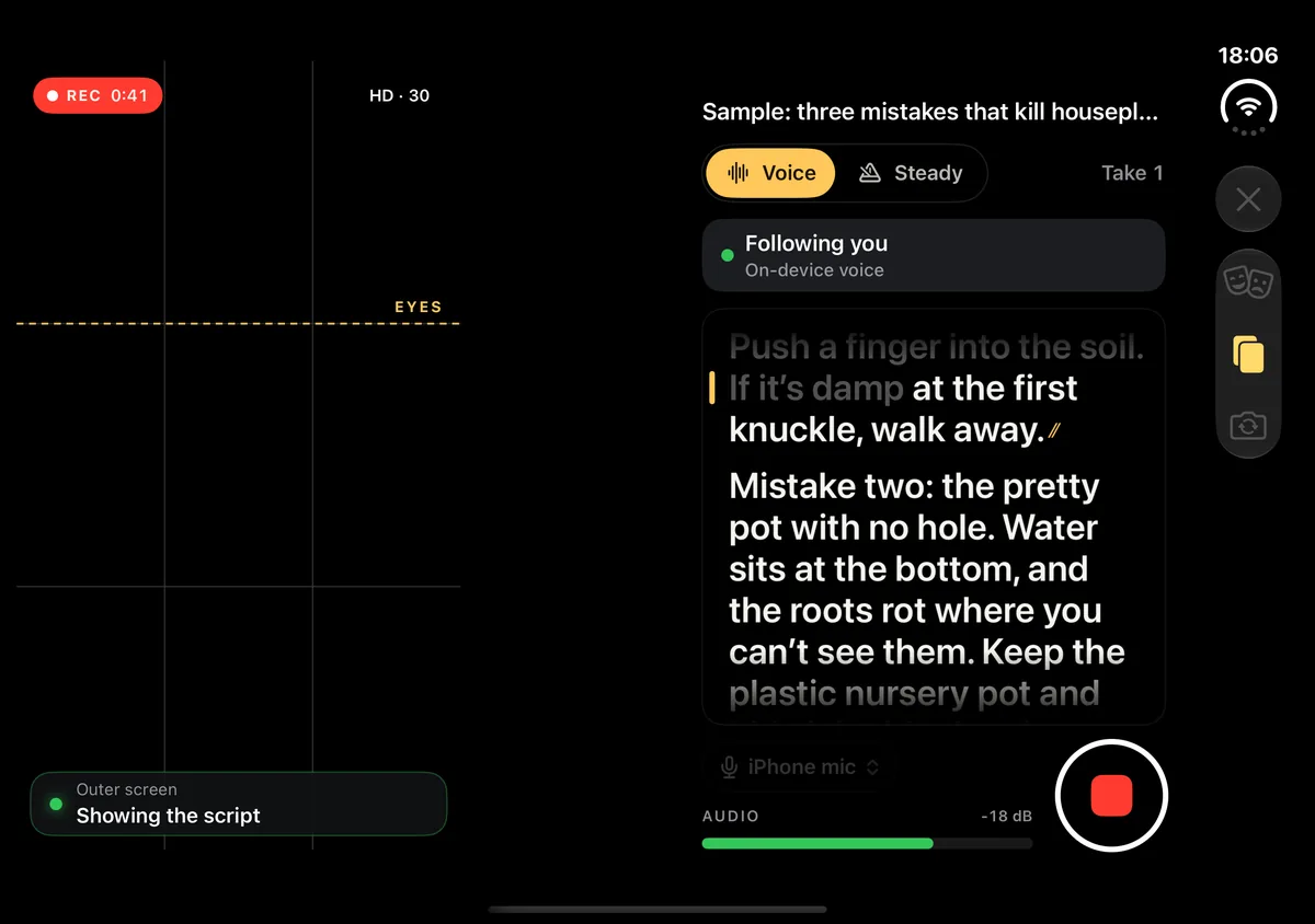 Fold Cue's director's view on the iPhone Duo inner screen: the framing area with an eye line on the left, empty because the simulator has no camera, and the script, voice status, sound level and record button on the right