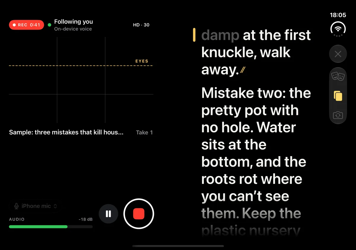 Fold Cue's reading layout on the iPhone Duo inner screen: the framing and controls on the left, and one large page of script on the right
