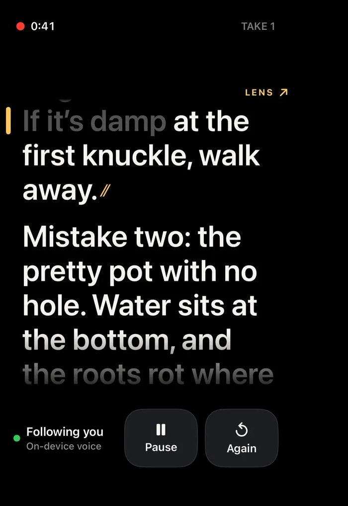Fold Cue on the iPhone Duo outer screen: the script in large type with a LENS mark, the take timer, and Pause and Again buttons