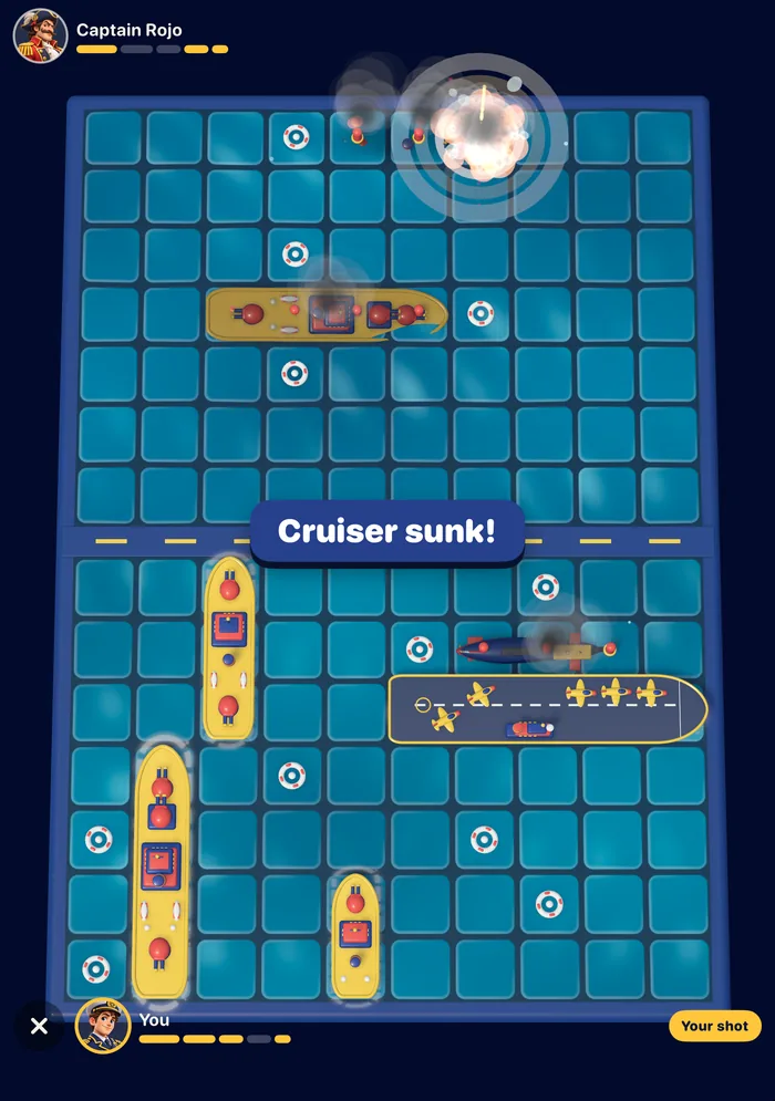 A Peekaboard battle against Captain Rojo on the iPhone Duo inner display, with a Cruiser sunk message across the board