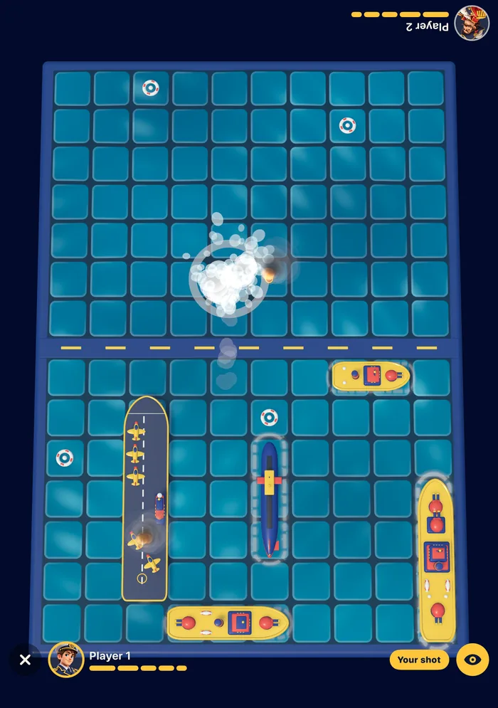 Peekaboard on the iPhone Duo inner display during a peek: toy ships on the lower half of the sea and a splash on the upper half