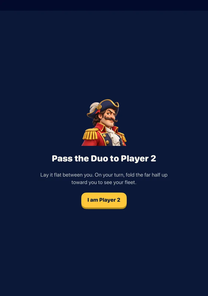 Peekaboard on the iPhone Duo inner display: a hand-over screen with a cartoon sea captain, the words Pass the Duo to Player 2, and a button that says I am Player 2