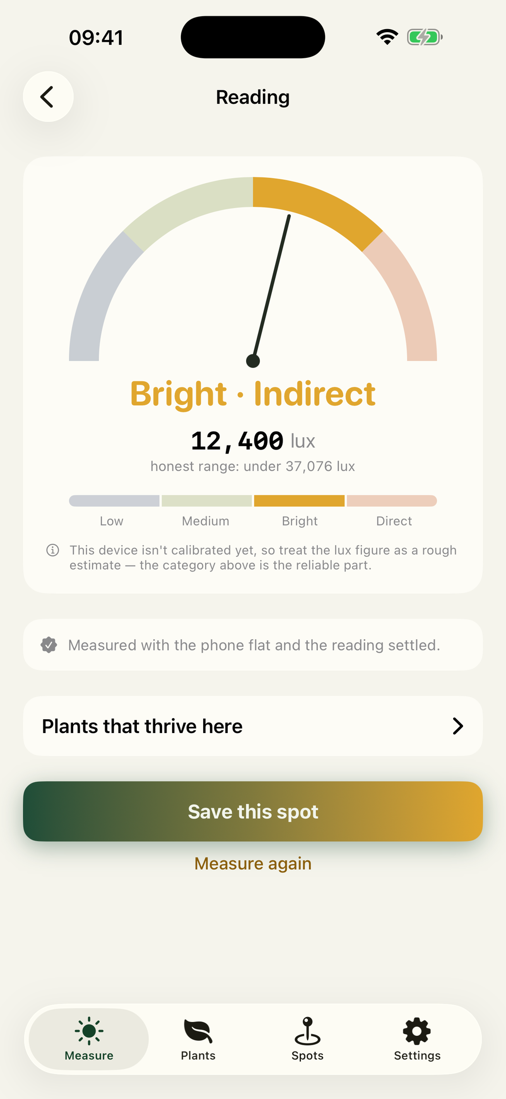 A Solspot reading screen showing a spot in the Bright Indirect band, with the lux figure, the range the true value could sit in, and a note that the device is not calibrated so the category is the reliable part