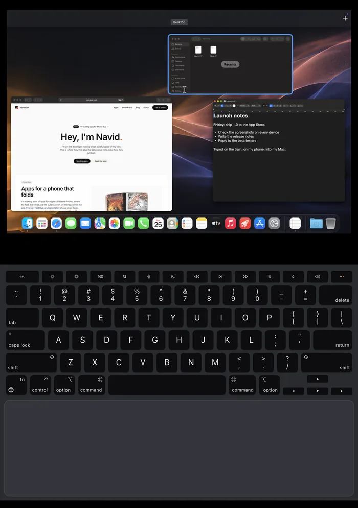 Uplid on the iPhone Duo inner screen: Mission Control on the Mac, with Safari, TextEdit and Finder windows spread out