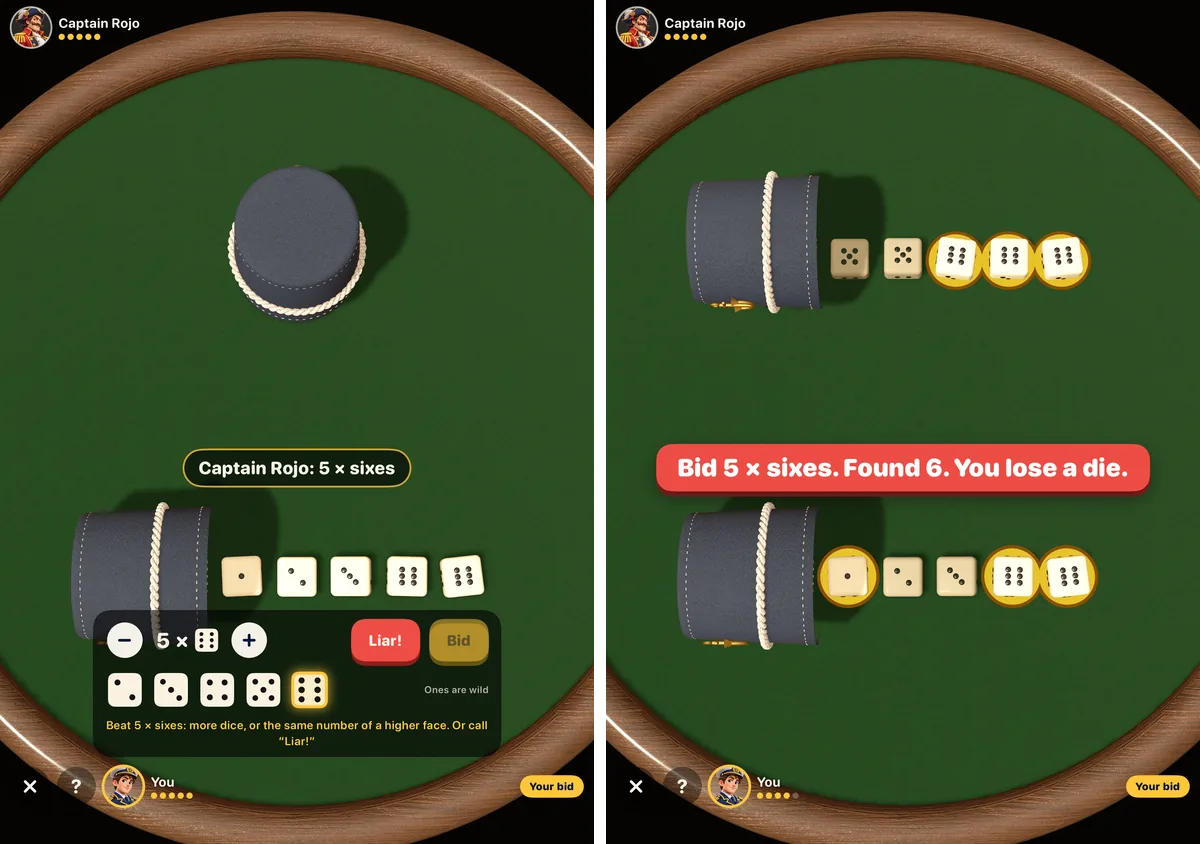 Two Bluff Cups screens on the iPhone Duo inner display. On the left, Captain Rojo's cup is closed at the top of a green felt table, his bid of five sixes is shown, and the player's own five dice and the bid panel with a Liar button are at the bottom. On the right, both cups are lifted and the matching dice are circled, with a banner that says Bid 5 times sixes. Found 6. You lose a die.