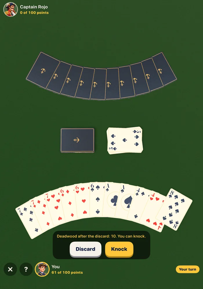 Gin Rummy on the iPhone Duo inner display: Captain Rojo's ten cards face down in a fan at the top, the stock and the discard pile in the middle, the player's hand fanned at the bottom, and a panel that says Deadwood after the discard: 10. You can knock, with Discard and Knock buttons.