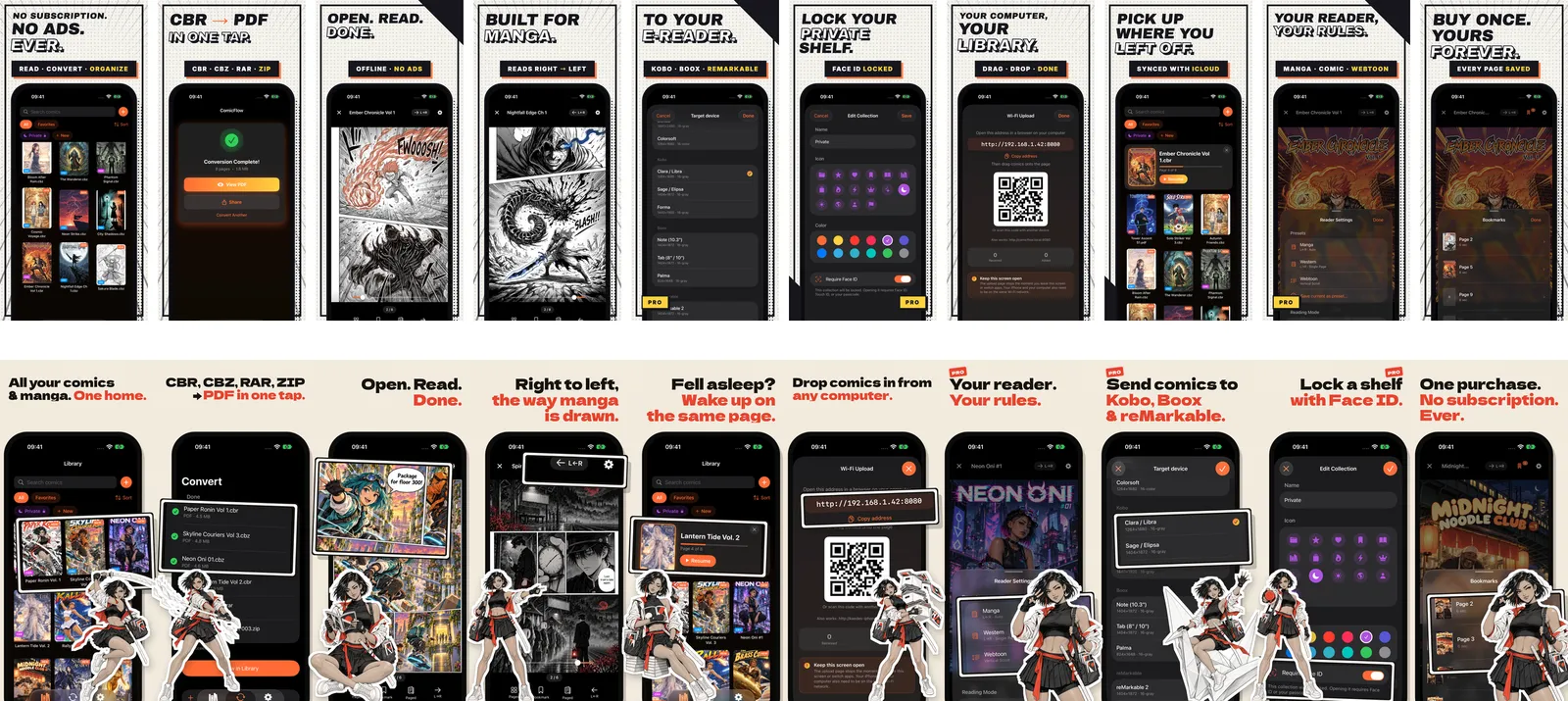 Two rows of ten App Store screenshots. Above, the old ComicFlow set: dark frames with bold white headlines and tag bars, each phone separate. Below, the new set: a cream strip with red and black headlines, the frames touching, and the same inked heroine appearing in every frame.