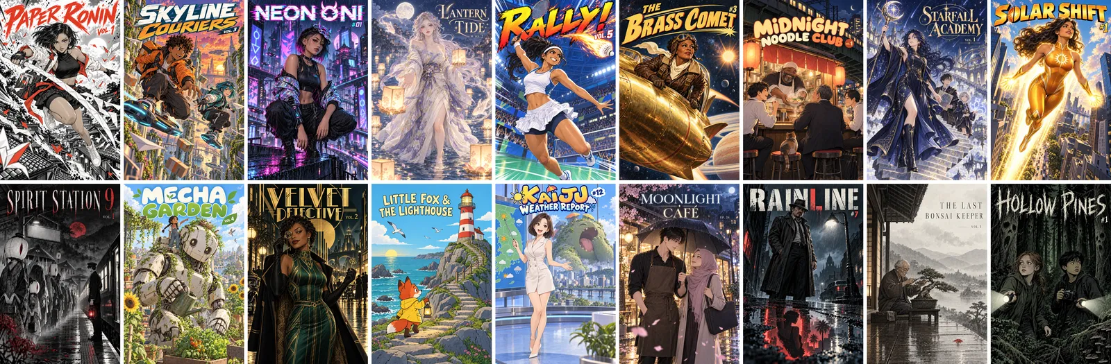 Eighteen comic covers in two rows, each in a different style: Paper Ronin, Skyline Couriers, Neon Oni, Lantern Tide, Rally!, The Brass Comet, Midnight Noodle Club, Starfall Academy and Solar Shift above; Spirit Station 9, Mecha Garden, Velvet Detective, Little Fox and the Lighthouse, Kaiju Weather Report, Moonlight Café, Rainline, The Last Bonsai Keeper and Hollow Pines below.