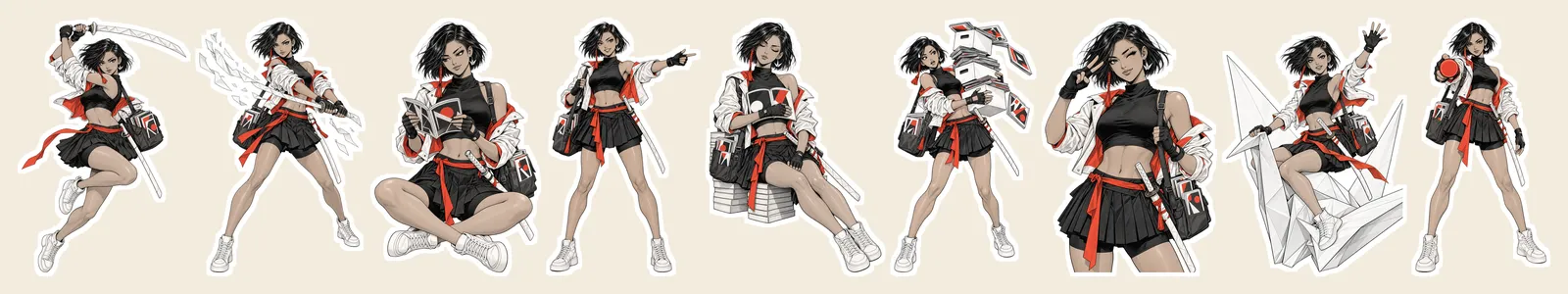 Nine cut-out poses of Kaede with white sticker outlines on a cream background: leaping with the katana raised, slashing with paper scraps flying, reading cross-legged, pointing, asleep against a stack of manga, staggering under a pile of comics, winking with a two-finger salute, riding a giant paper crane, and pressing a red seal stamp forward.