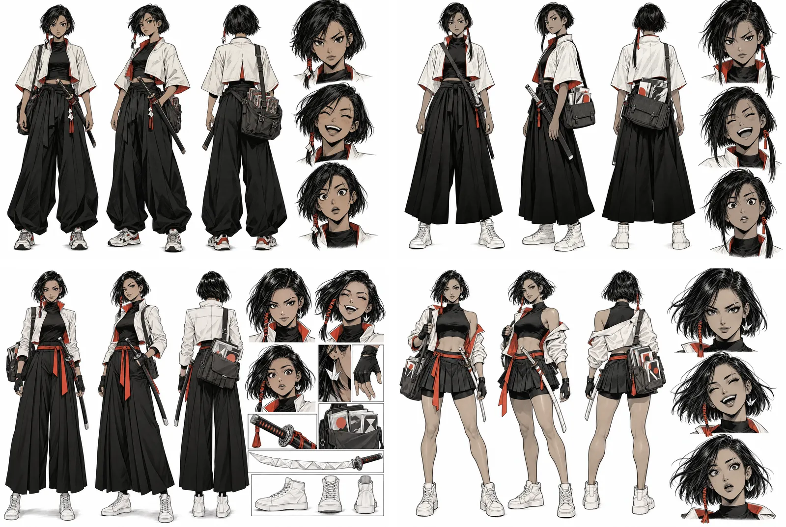 Four character model sheets of the same young woman in black and white manga ink with red accents, from wide black hakama trousers and a short-sleeved jacket in the first, to a sleeveless top, pleated skirt over shorts and an open jacket in the last.