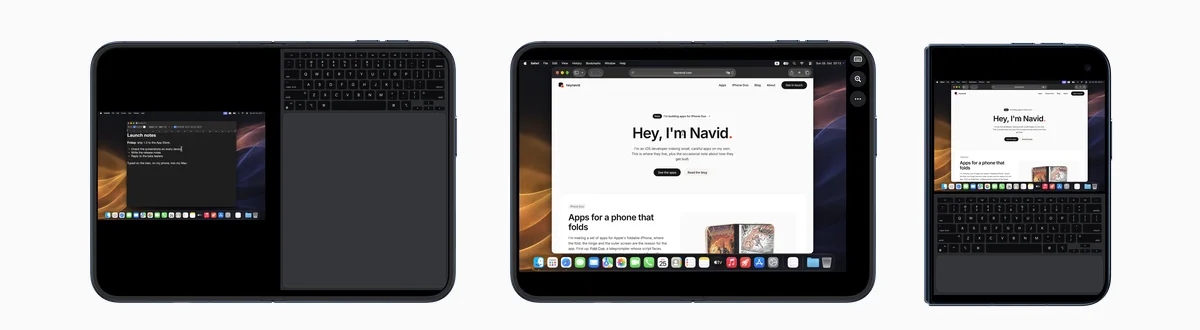 Three iPhone Duo poses with Uplid: book pose with the Mac on the left page and the keyboard and trackpad on the right, lying flat with the whole Mac across the inner screen, and folded shut with the Mac and a small keyboard on the outer screen