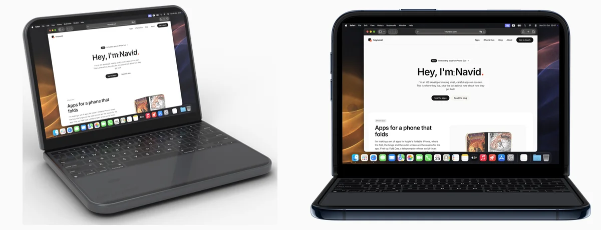 Two pictures of iPhone Duo in laptop pose with the same Uplid screen. On the left, a 3D model of the Duo rendered in Blender. On the right, Apple's own product image of the Duo.