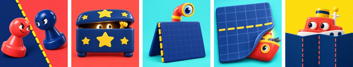 App icon drafts in a row: two game pawns facing each other, a toy chest with stars, a periscope over a wall, a folded board with a toy ship in its corner, and the final icon, a red toy ship with porthole eyes peeking over a navy folding wall on yellow.