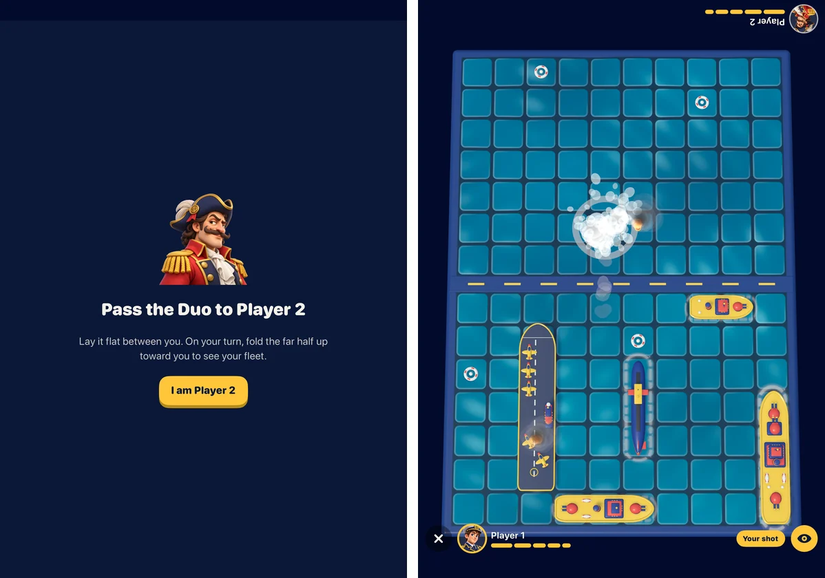 Two Peekaboard screens on the iPhone Duo inner display. On the left, a hand-over screen with a cartoon sea captain that says Pass the Duo to Player 2, with a button that says I am Player 2. On the right, the board during a peek, with toy ships visible on the lower half of the sea and a splash on the upper half.