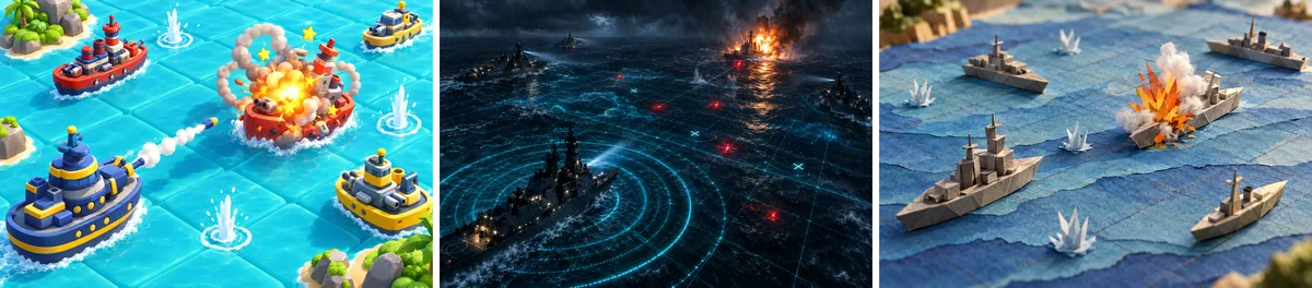Style tests for a naval game, side by side: bright plastic toy ships on turquoise tiles with a cartoon explosion, dark warships at night over glowing targets, and ships folded from paper on a paper sea.