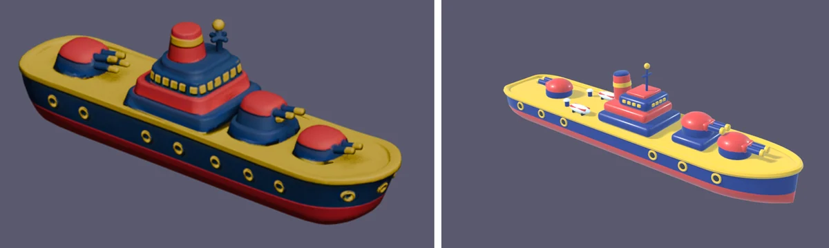 Two renders of the same toy warship in yellow, navy and red on a grey background. On the left, a model with soft, slightly lumpy shapes. On the right, a model with clean edges, a funnel, gun turrets and portholes.