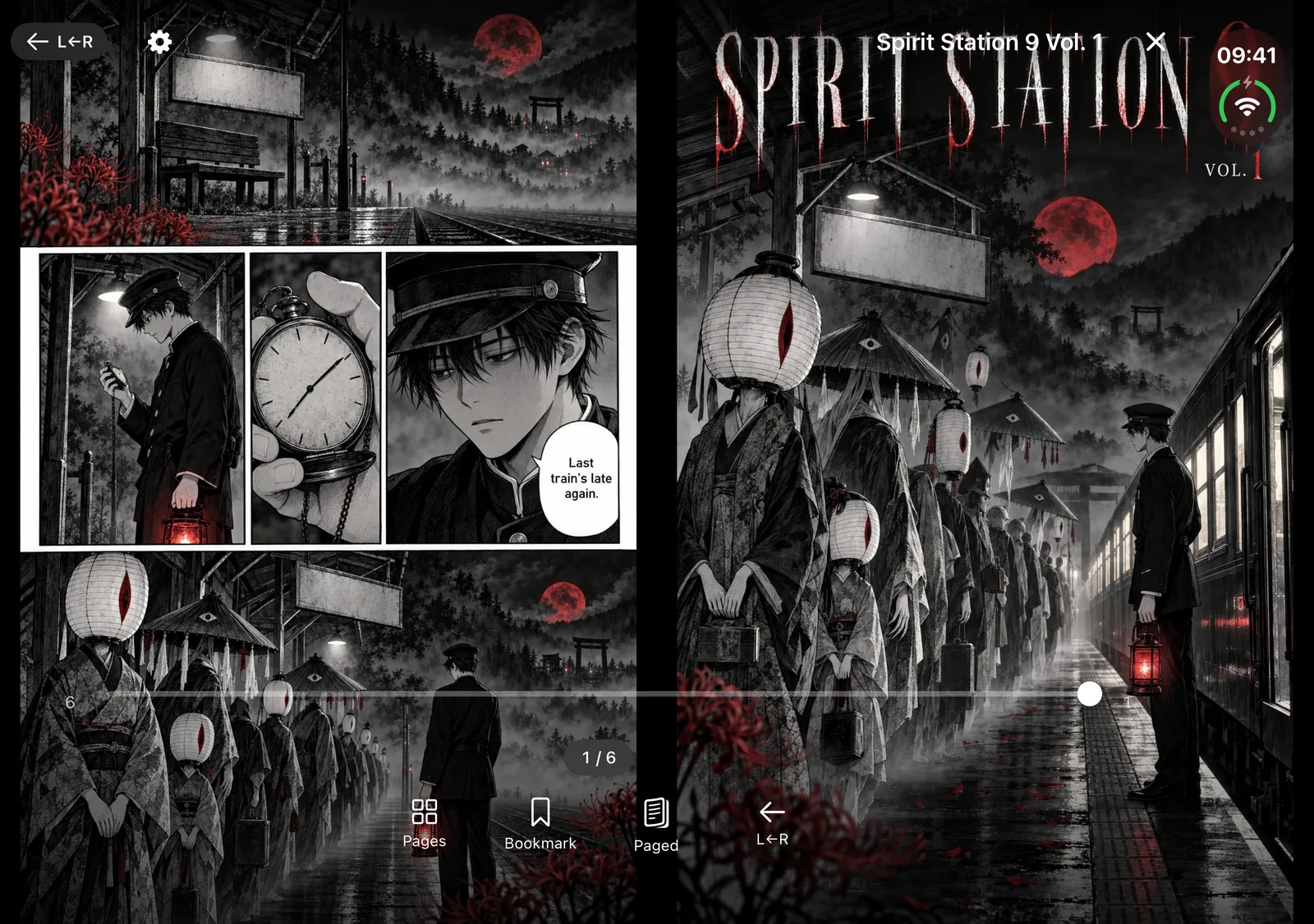 The ComicFlow reader on the iPhone Duo's inner screen showing a manga two-page spread read right to left: the cover of Spirit Station 9 on the right and the first page, with three panels, on the left, with the reader's controls and page scrubber over the pages.