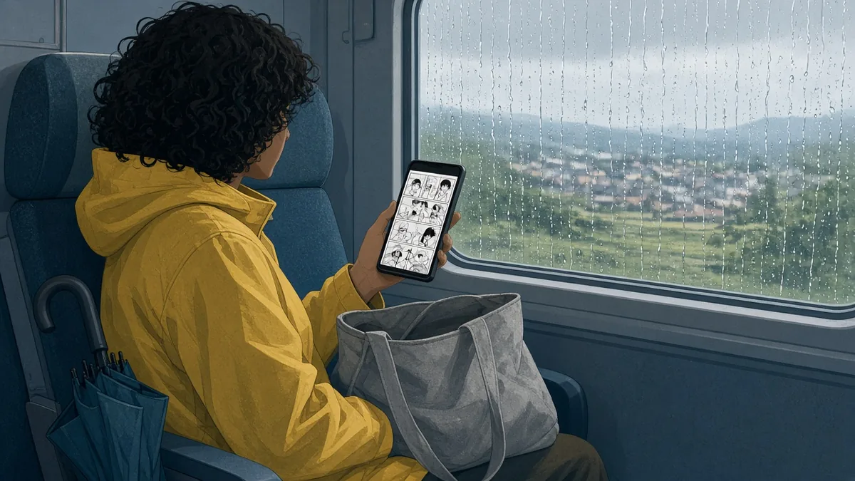 A person in a mustard raincoat in a train window seat on a rainy day, holding a folded phone in one hand with a single black-and-white manga page filling its screen, green fields and a town blurred behind rain on the window.