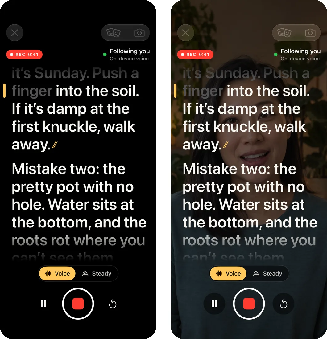 Two Fold Cue capture screens side by side. On the left, the script over a solid black camera area. On the right, the same screen with a photo of a person behind the script, dimmed the way the app dims the real camera.