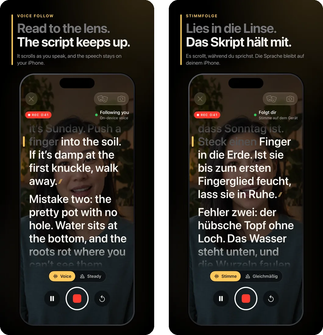 The same framed Fold Cue App Store screenshot in English and in German, each with a short headline above a capture screen.
