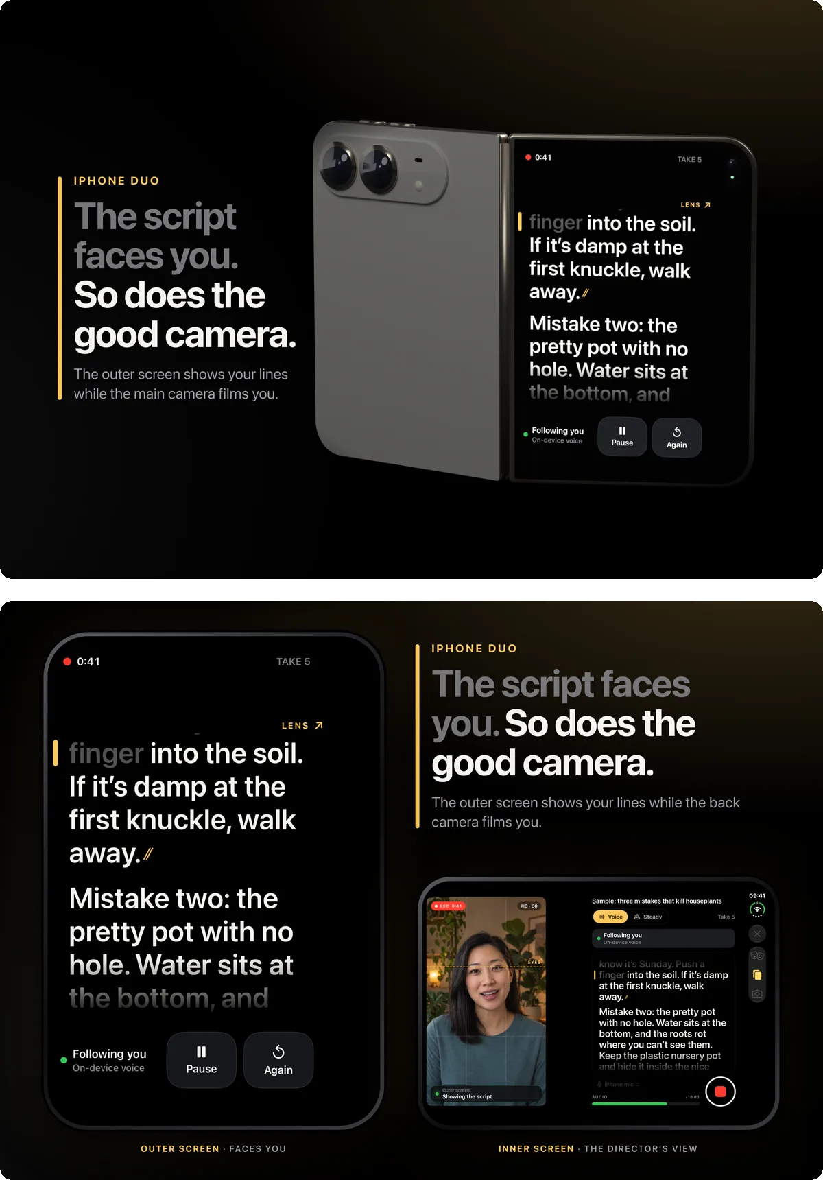Two versions of the first iPhone Duo App Store screenshot. Above, a 3D render of iPhone Duo with Fold Cue's prompter on its outer screen. Below, the version used instead: the outer screen and the inner director's view side by side, real interface only.