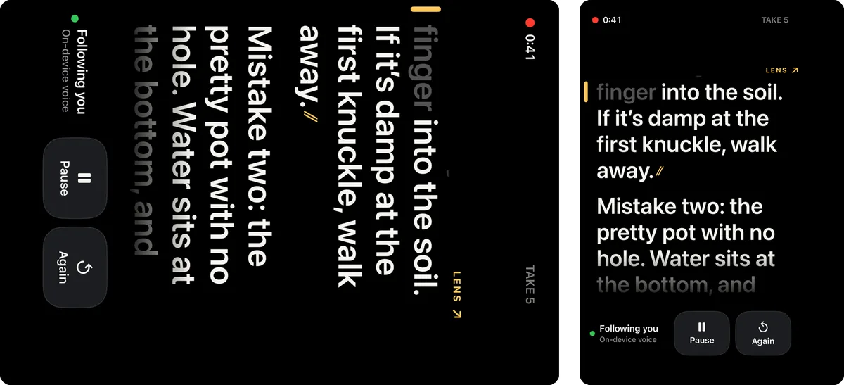 Two images of Fold Cue's outer-screen prompter: on the left as the simulator captured it, lying on its side, and on the right turned upright.