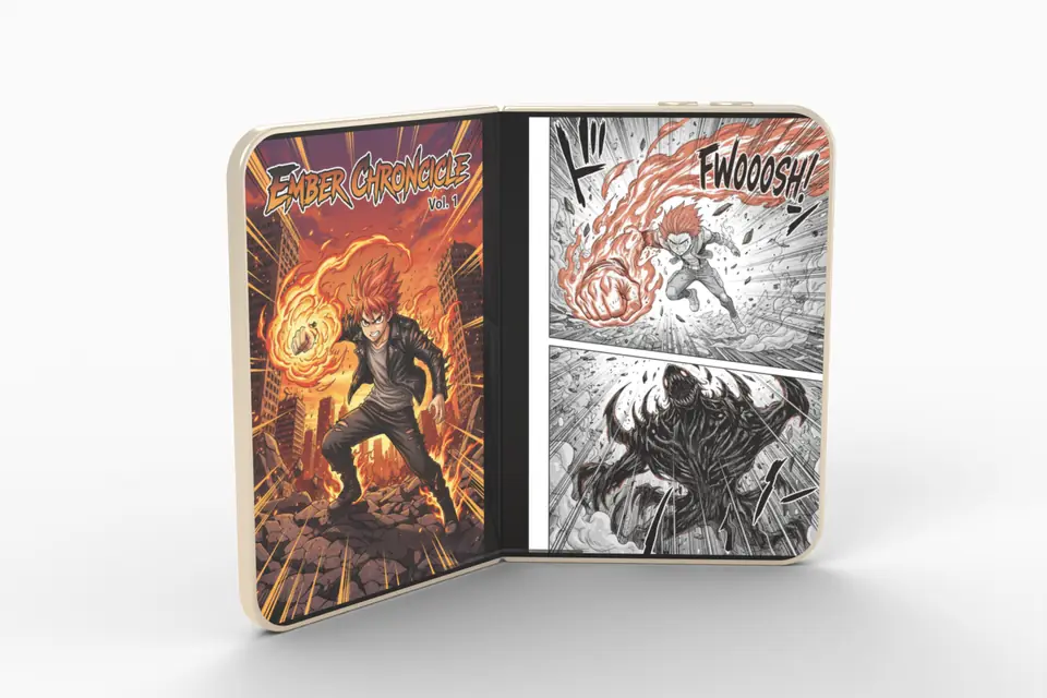 A rendered iPhone Duo standing open like a book, showing a two-page comic spread across the fold