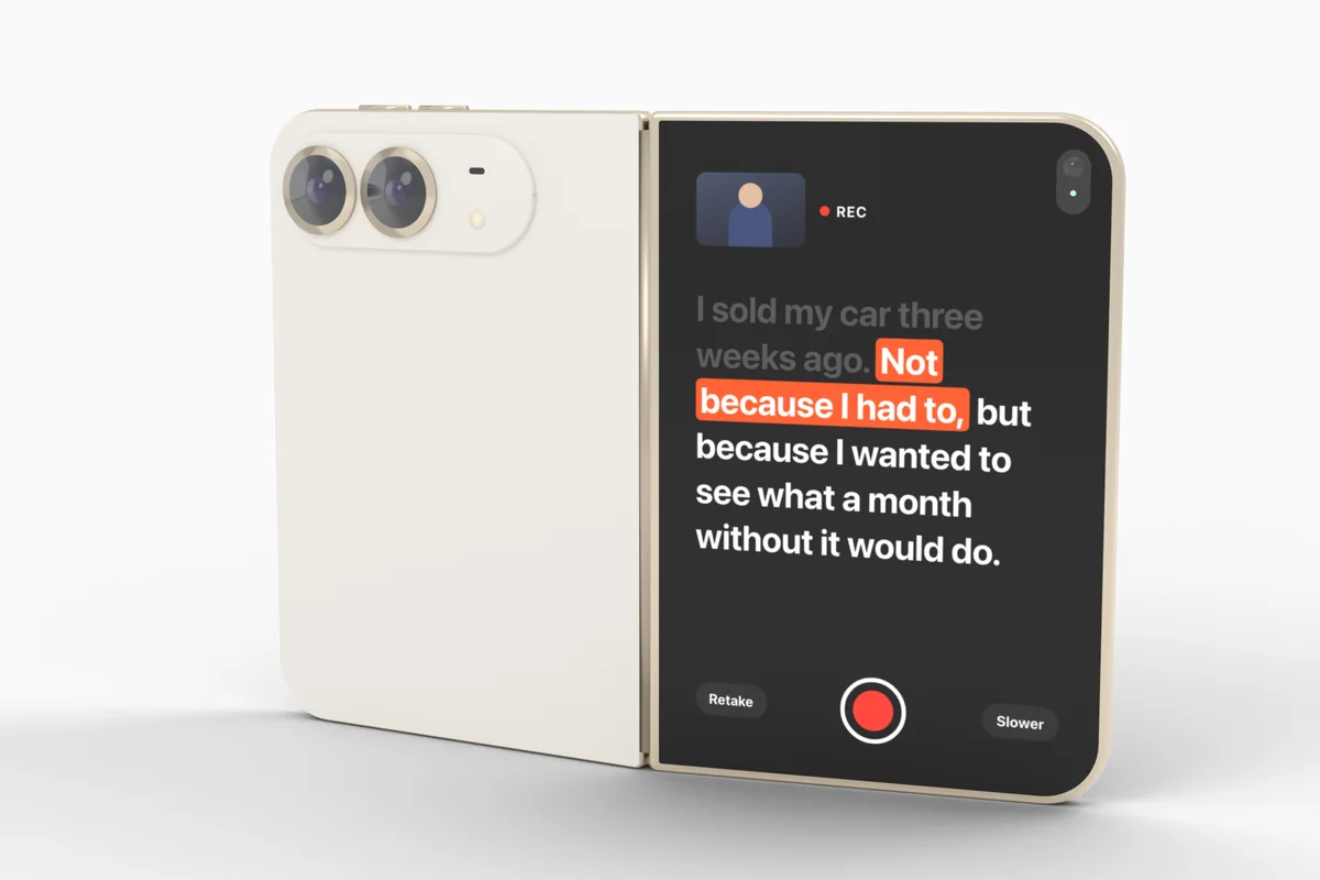 The back of an open iPhone Duo: the rear camera on one half and the outer screen showing a script on the other