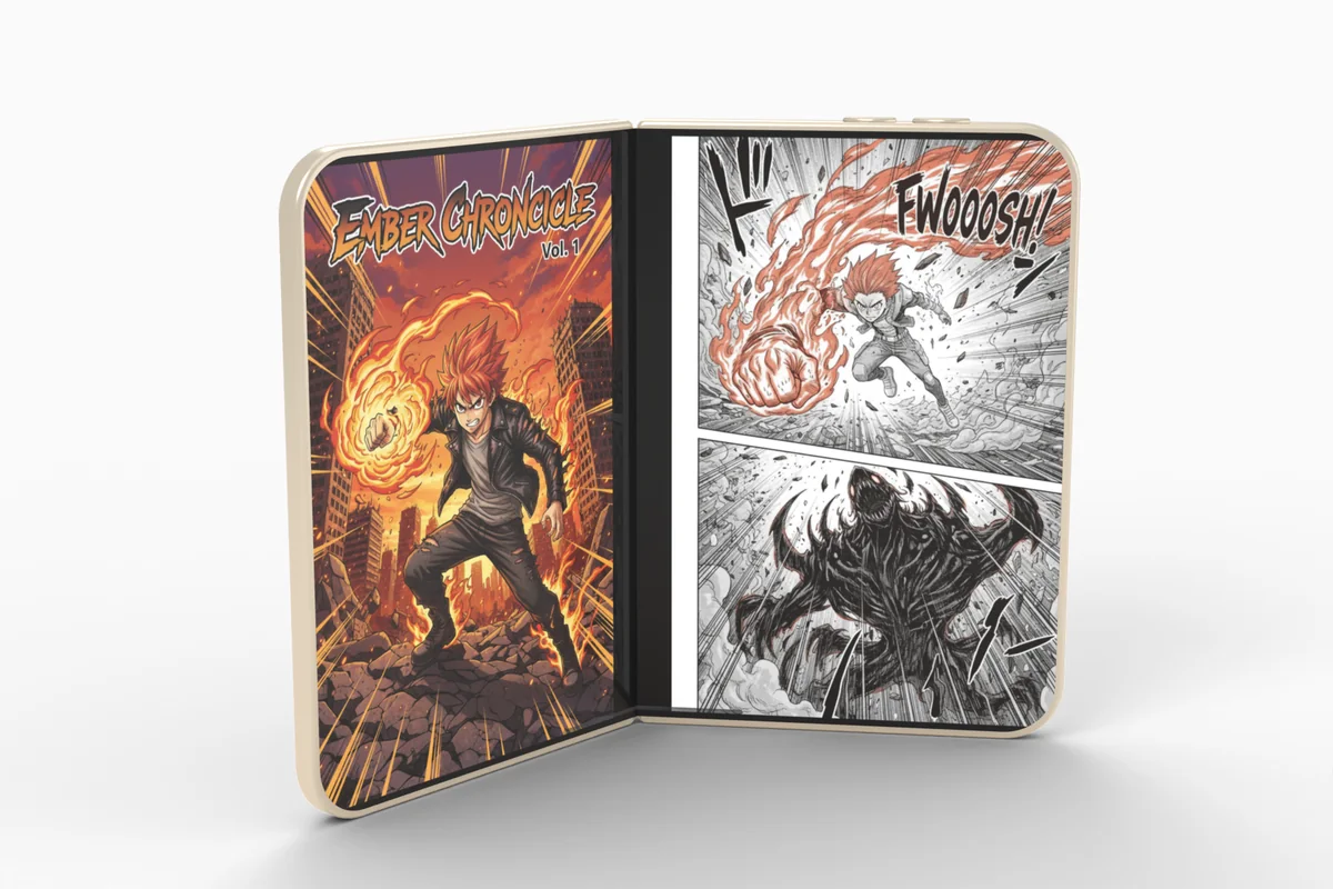 An iPhone Duo standing partly folded like an open book, showing a comic spread