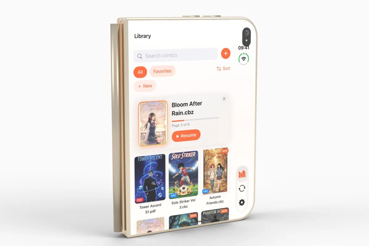 A closed iPhone Duo standing upright with its outer screen lit