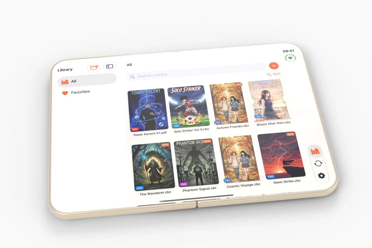 An iPhone Duo lying open and flat, showing a comic library with a sidebar across the whole inner screen