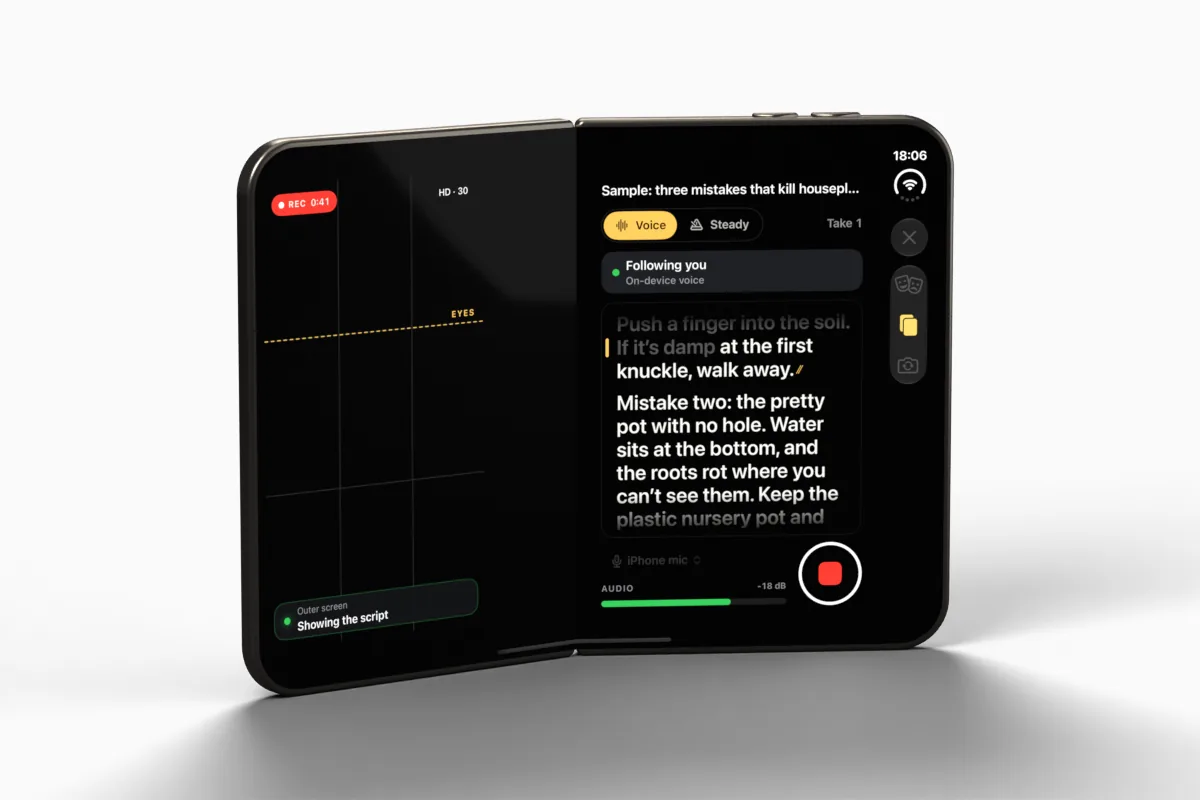 A rendered iPhone Duo standing open with Fold Cue's director's view on the inner screen: the framing on the left page, the script, voice status and record button on the right