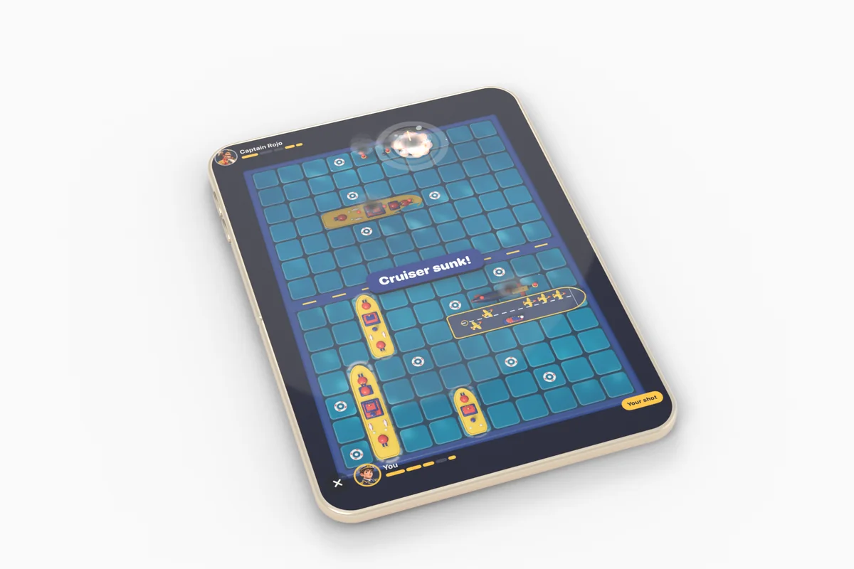 A render of iPhone Duo lying open and flat, with a Peekaboard naval duel from the simulator on the inner screen: toy ships on the lower half of the sea, a splash on the upper half and a Cruiser sunk message across the fold