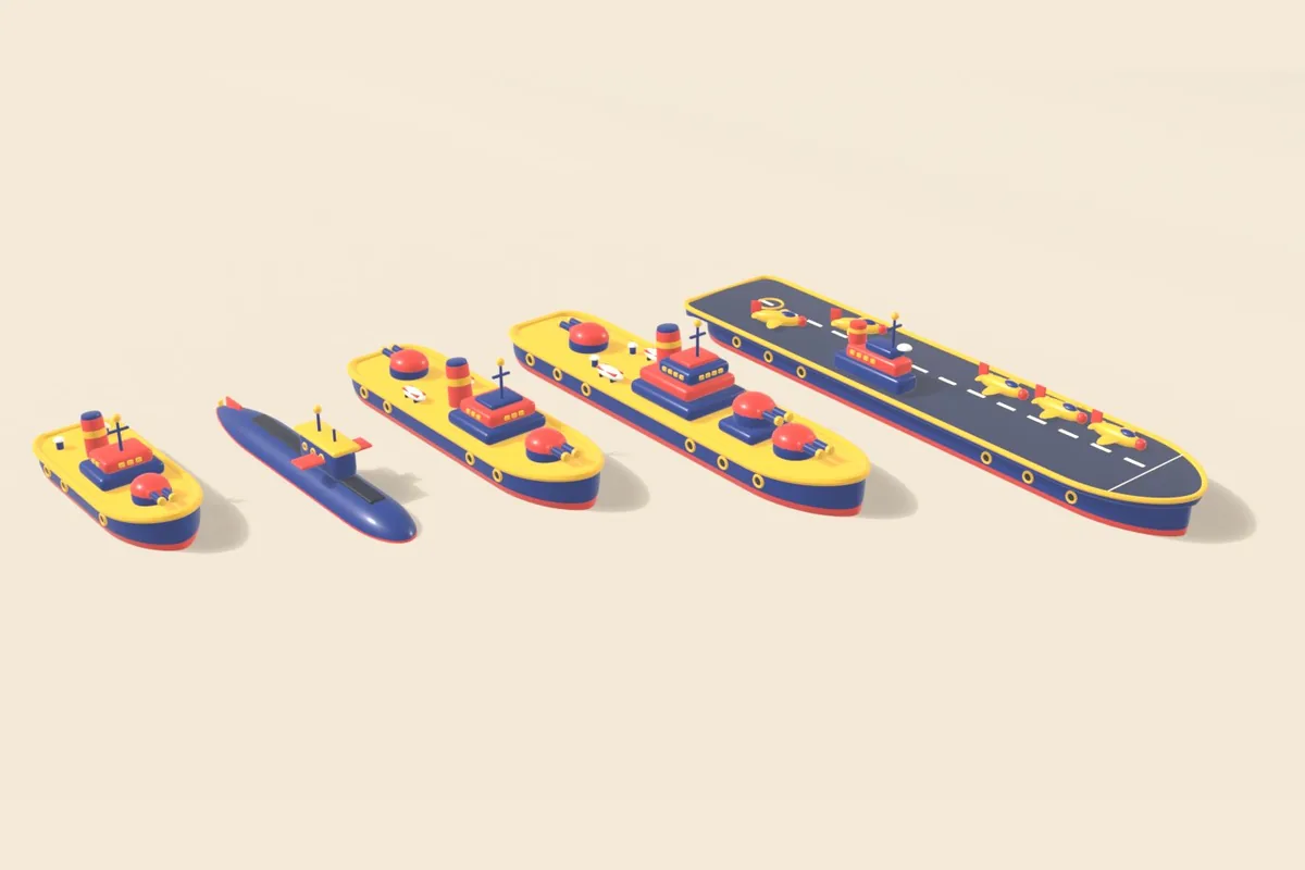 Peekaboard's toy fleet in yellow, navy and red on a cream background: a destroyer, a submarine, two larger warships and an aircraft carrier, rendered in Blender