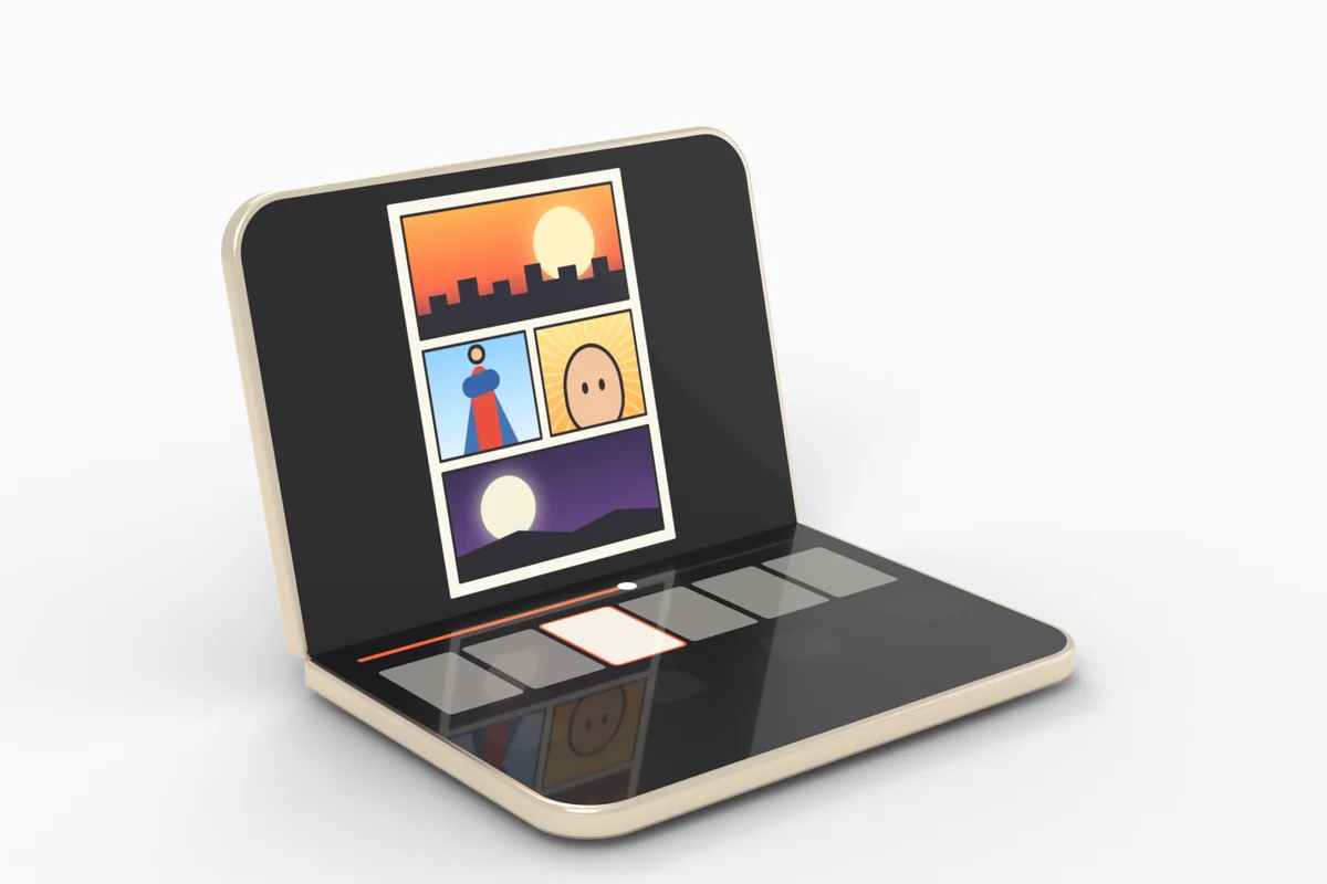 An iPhone Duo in tabletop pose with a page above the fold and controls below